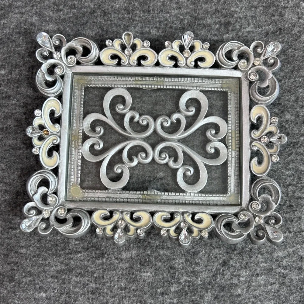 Vintage Ornate Silver Metal Picture Frame Rhinestone Enamel Scrollwork 5.5x4.5
